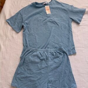 Blue Ribbed Women's Shorts Set